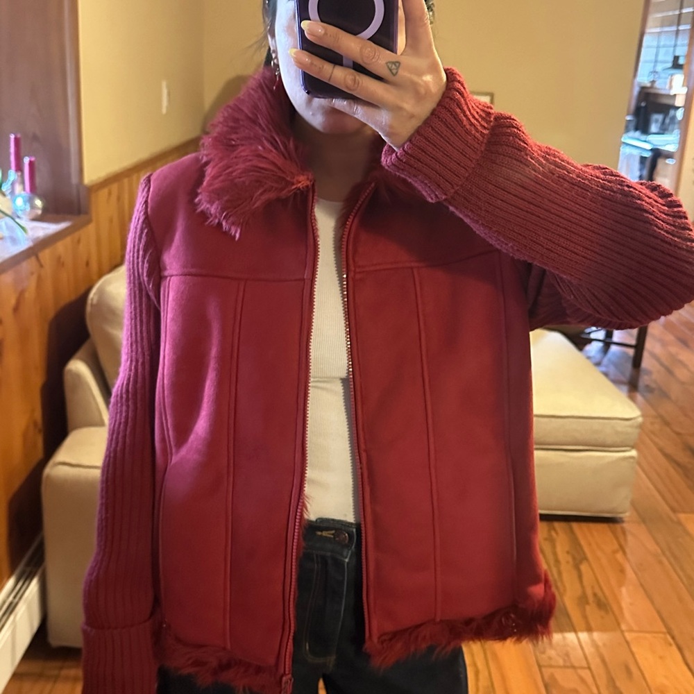 Women’s Red Faux-Fur Trim Jacket